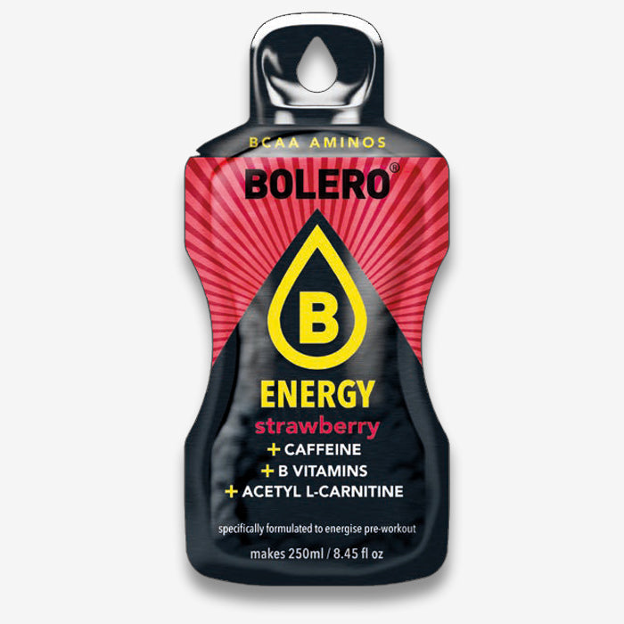 Bolero Erdbeere Getränkepulver Beutel mit Koffein, Taurine und Acetyl L-Carnitine